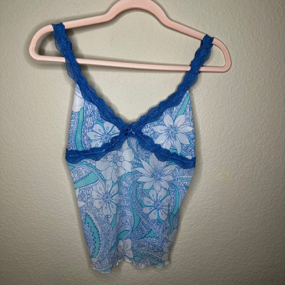 Y2K‎ Old Navy Blue Floral Paisley Mesh Camisole Lace Trim Lettuce Hem Tank Top L